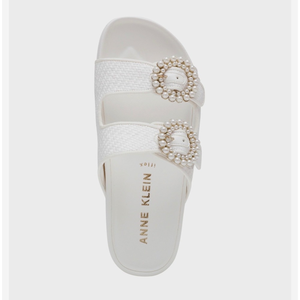 Summer Sandals Anne Klein AKHAPPY Slides Womens 6.5 M White‎ Raffia Pearls iFlex